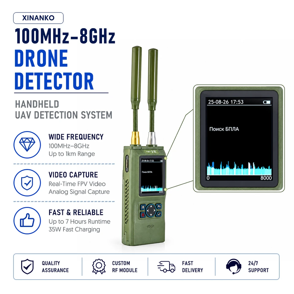 F8 Rilevatore di droni portatile 100MHz–8GHz con acquisizione video FPV